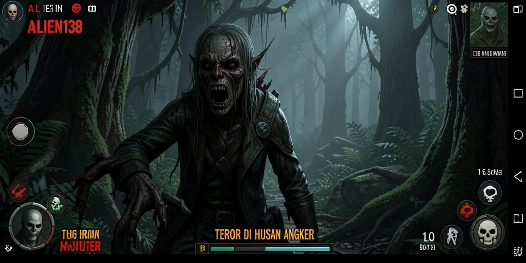 Screenshot menampilkan suasana mencekam di dalam hutan ALIEN138.
