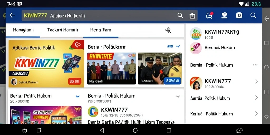 Tampilan antarmuka aplikasi KKWIN777 yang menampilkan berita politik dan hukum.